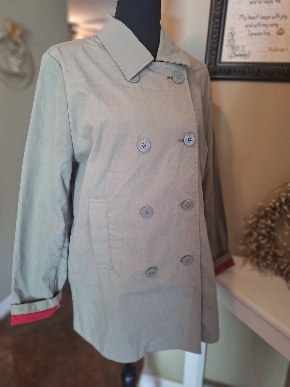 Vintage 02' Old Navy Gray Khaki Double-Breasted Trench Coat with Red Cuff Accent